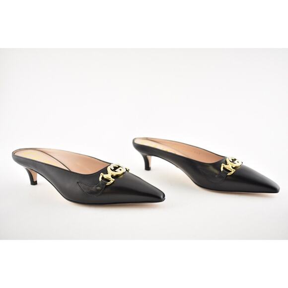 Gucci Zumi Black Leather Silver Gold GG Kitten Heel Mule Slide Loafer Pump 37 - Picture 4 of 12